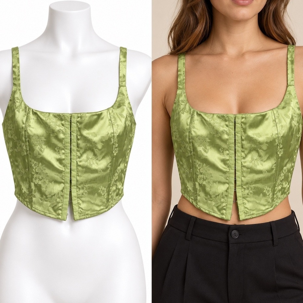 L.A. Hearts Corset Top Women Large Green Floral Satin Hook Eye Smocked Cropped